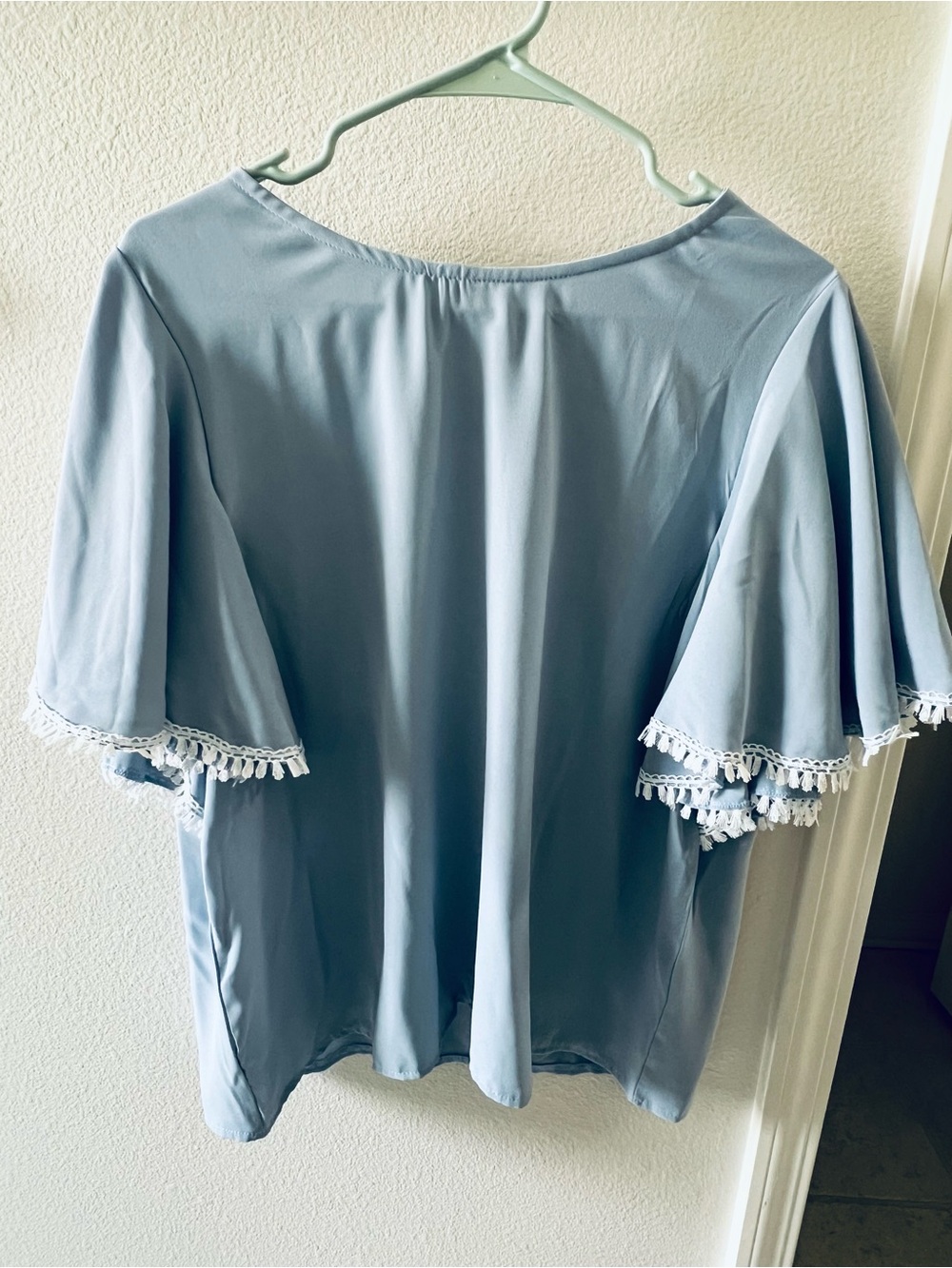 SHEIN Powder Blue Flutter Sleeve Top with White Lace